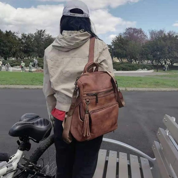 Women Brown Leather Travel Fashion Backpack with Tassel main image 14